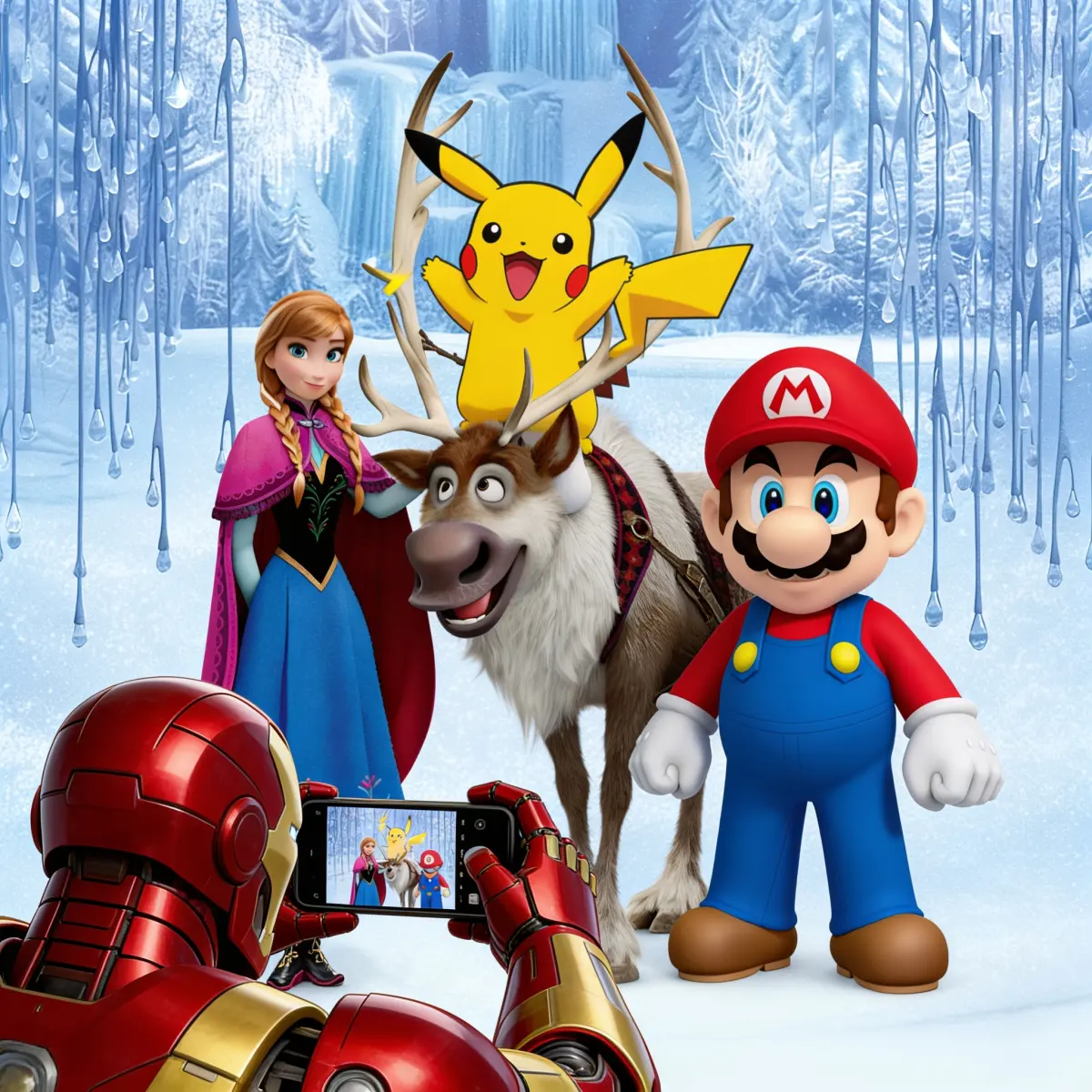 Elsa 被Image 2 中的 Mario 取代，雪人被Image 3 中的 Pikachu 取代。前景中，鋼鐵人高舉智慧型手機，為他們拍照。